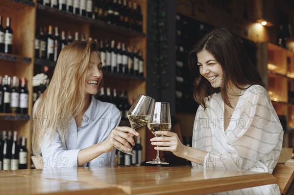 Young women toasting with glasses of white wine