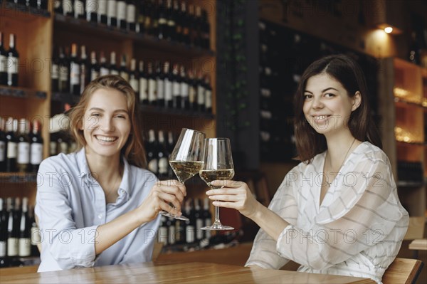 Young women toasting with glasses of white wine