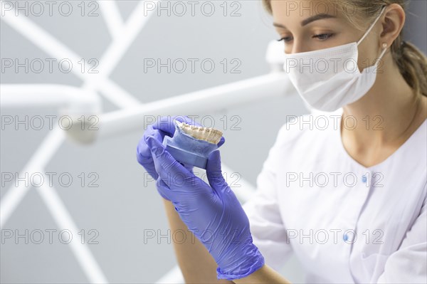 Dental assistant holding model teeth