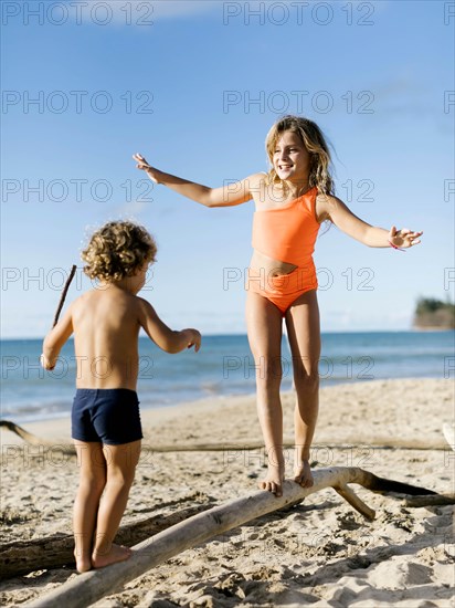 Children balancing on driftwood