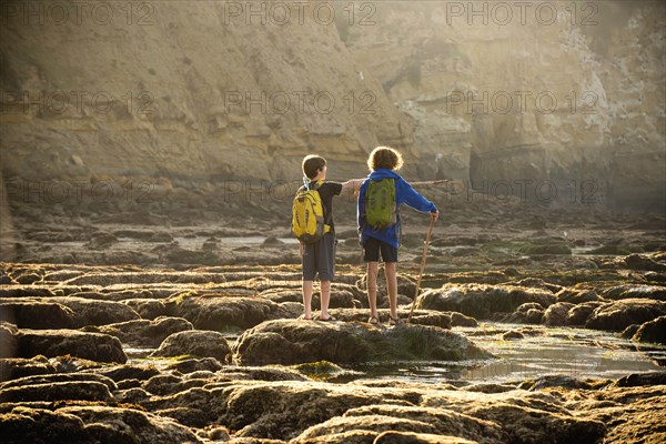 Teenage boys on rocks by tide pool in La Jolla, California