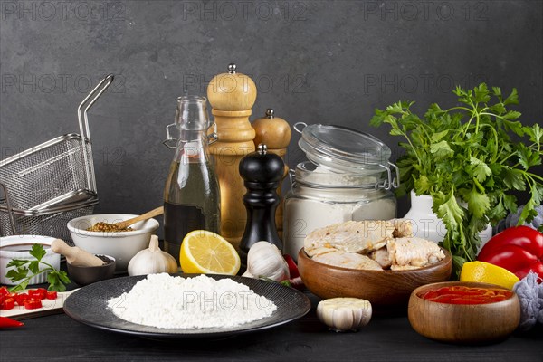 Raw ingredients including vegetables and flour