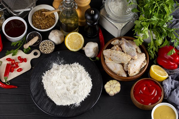 Raw ingredients including vegetables and flour