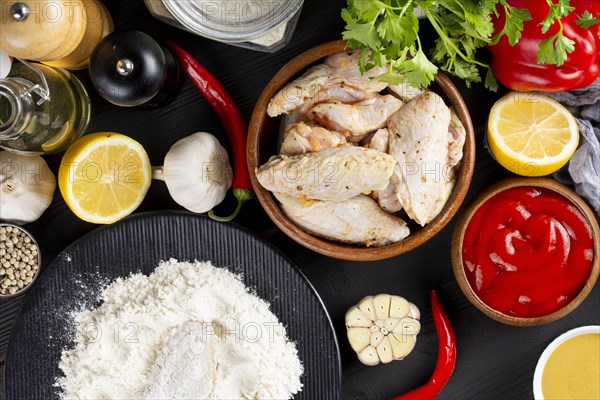 Raw ingredients including vegetables and flour