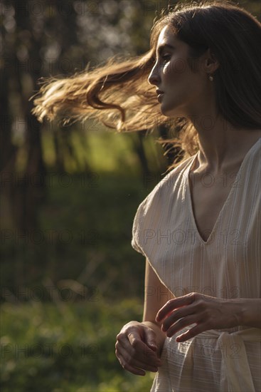 Windswept woman with brown hair