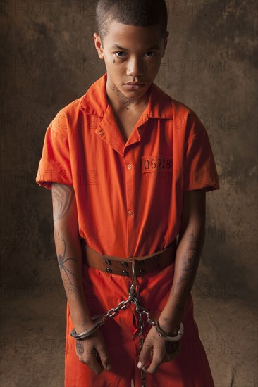 Boy in prisoner jumpsuit and handcuffs