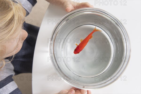 Boy with goldfish in bowl