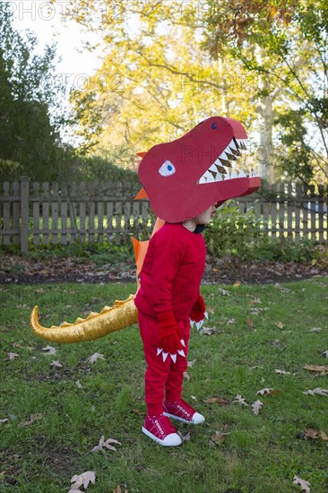 Boy dressed up as red dinosaur