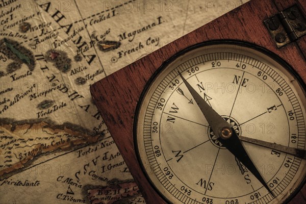 Antique compass on map