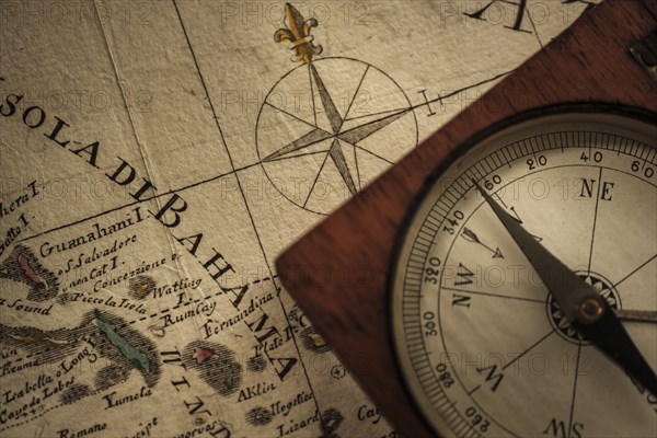 Antique compass on map