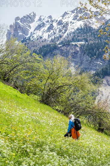 Woman hiking through wildflowers in Dolomites, Italy