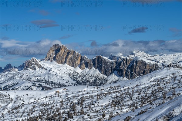 Snow on mountain range in Dolomites, Italy