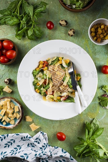 Chicken salad with cheese and croutons