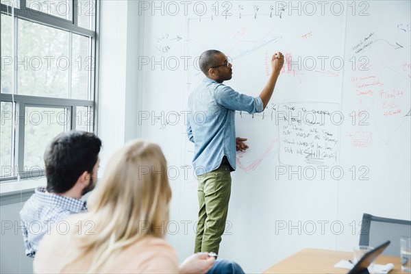 Man writing on whiteboard during board room presentation