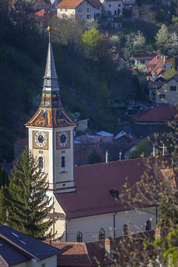 Church with clock tower in Brasov