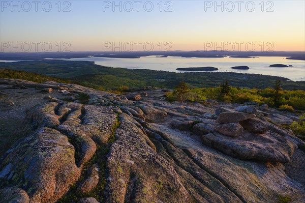 Granite rock formations at sunrise in Acadia National Park