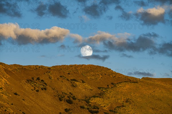 Full moon over brown hill at sunset in Picabo