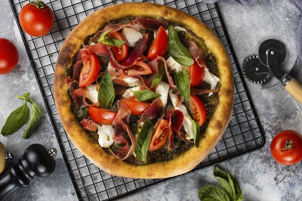 Pizza on cooling rack