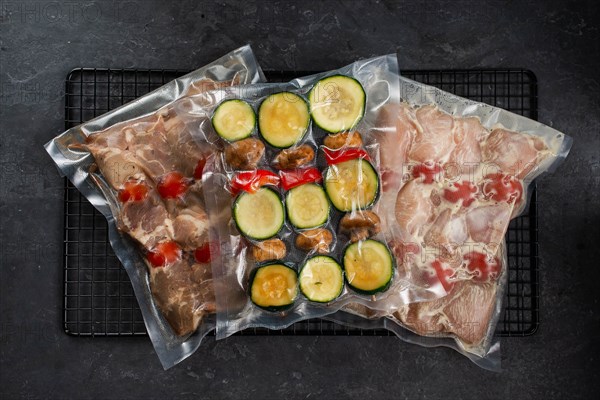 Raw packaged meat and vegetables for skewers