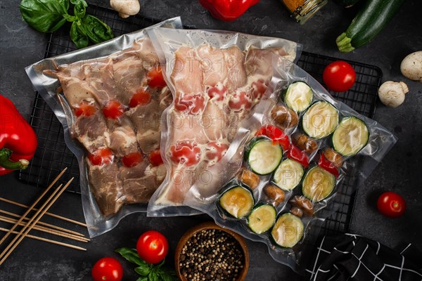 Raw packaged meat and vegetables for skewers