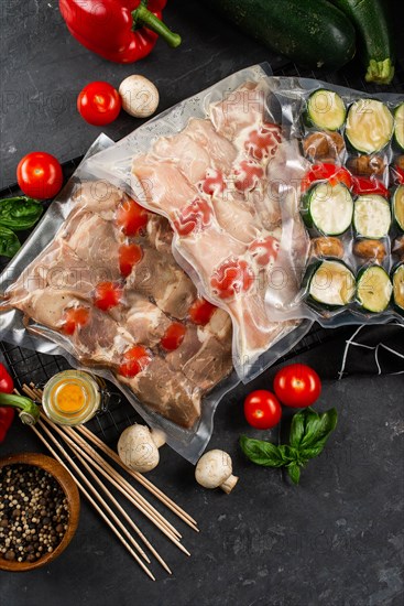 Raw packaged meat and vegetables for skewers