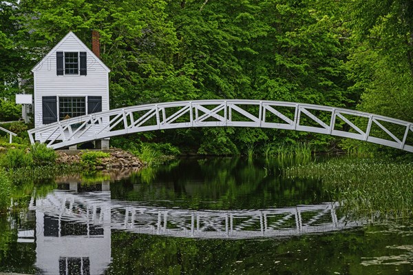 White building and bridge in Somesville, Mount Desert Island, USA