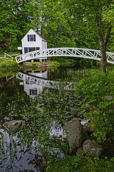 White building and bridge in Somesville, Mount Desert Island, USA