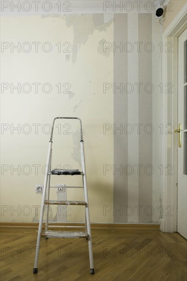 Step ladder by wall of torn wallpaper