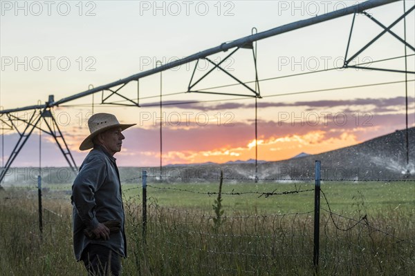 Farmer by irrigation at sunset in Picabo, Idaho, USA