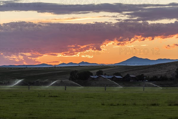 Irrigation in field at sunset in Picabo, Idaho, USA