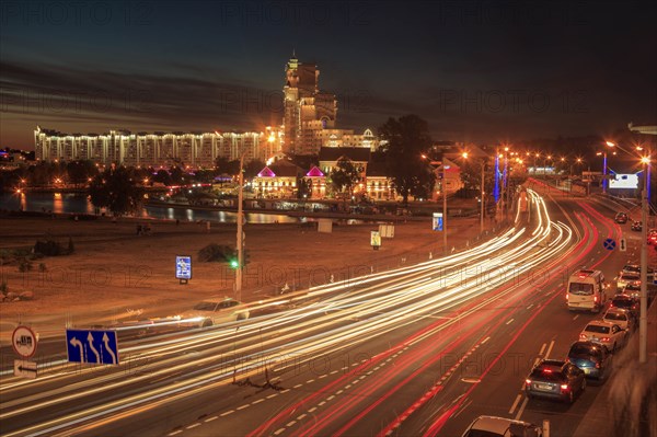 Light trails on road at night in Minsk, Belarus