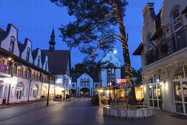 Street with Christmas lights at night in Svetlogorsk, Russia