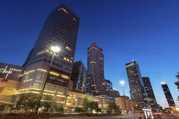 City buildings at night in Warsaw, Masovia, Poland