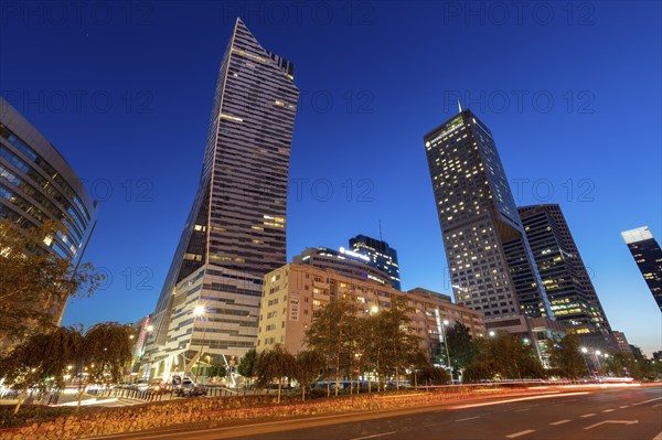 City buildings at night in Warsaw, Masovia, Poland