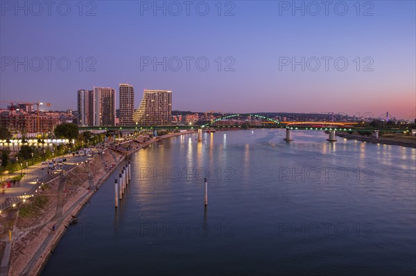 City skyline by Sava River at sunset in Belgrade, Serbia