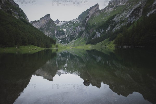 Seealpsee lake in Appenzell Alps, Switzerland