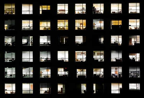 Windows in Sabadell Financial Center at night in Miami, Florida