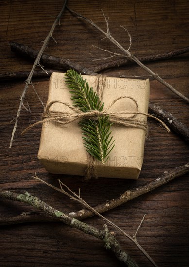 Pine frond tied to Christmas present next to sticks