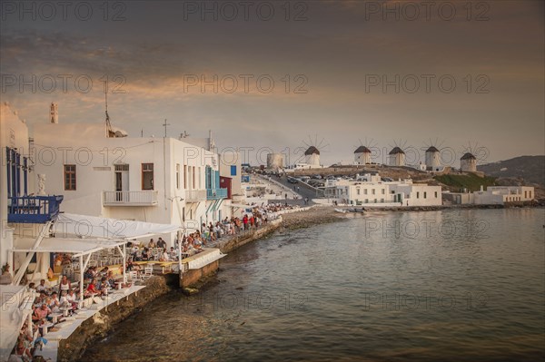 Restaurants on waterfront in Mykonos, Greece