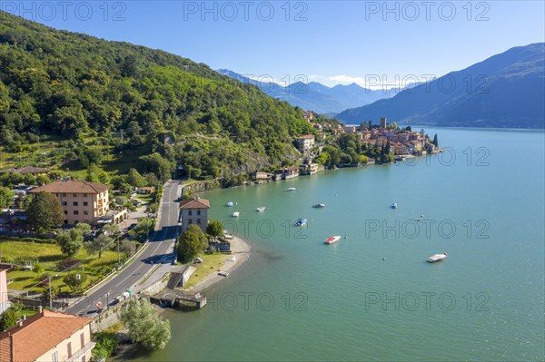 Buildings on peninsula by Lake Como in Lombardy, Italy