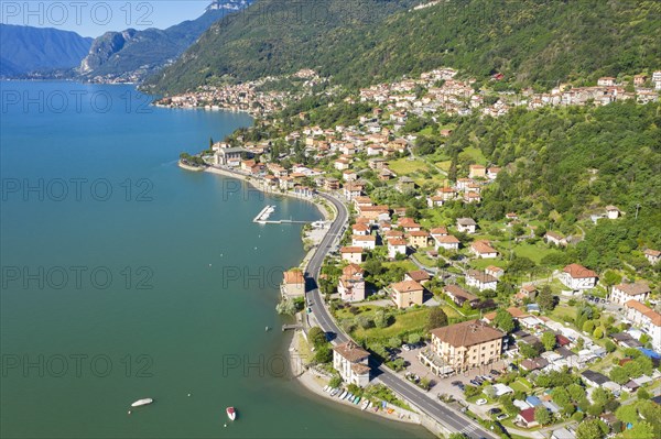 Buildings on peninsula by Lake Como in Lombardy, Italy