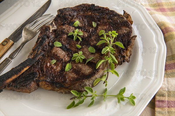 Grilled steak and oregano on plate