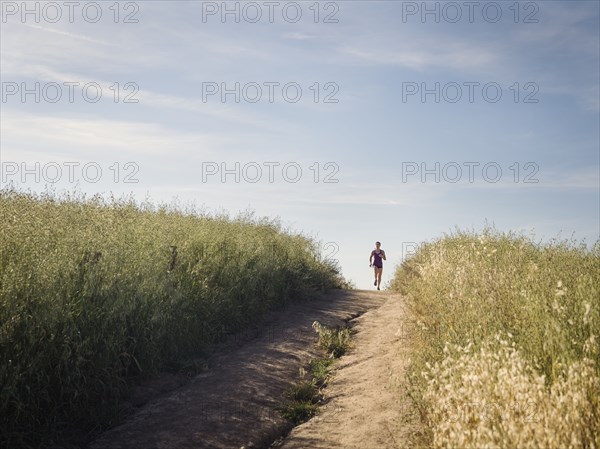 Woman jogging on path through field