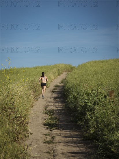 Woman jogging on path through field