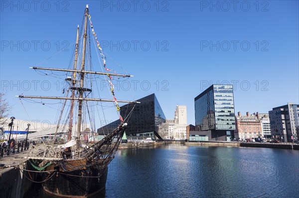 Ship moored on the waterfront of Liverpool, England