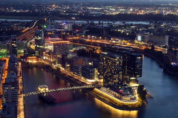 Aerial view of Dusseldorf at night in Germany