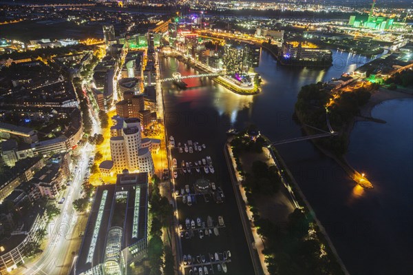 Aerial view of Dusseldorf at night in Germany