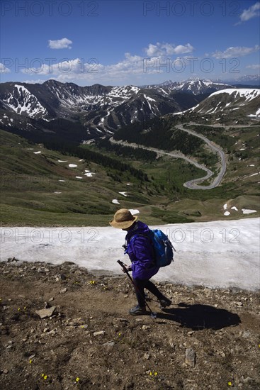 Woman hiking in mountains of Loveland Pass, Colorado