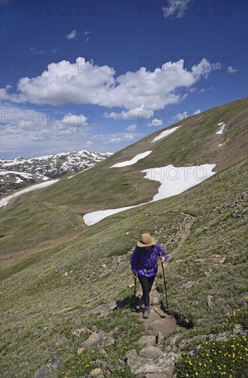 Woman hiking in mountains of Loveland Pass, Colorado