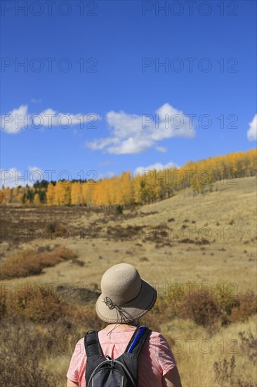 Woman hiking during autumn at Kenosha Pass, Colorado